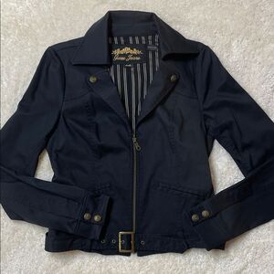 Guess Jeans Womens Black Belted Moto Jacket Gold Buttons Striped Lining Sz M/L